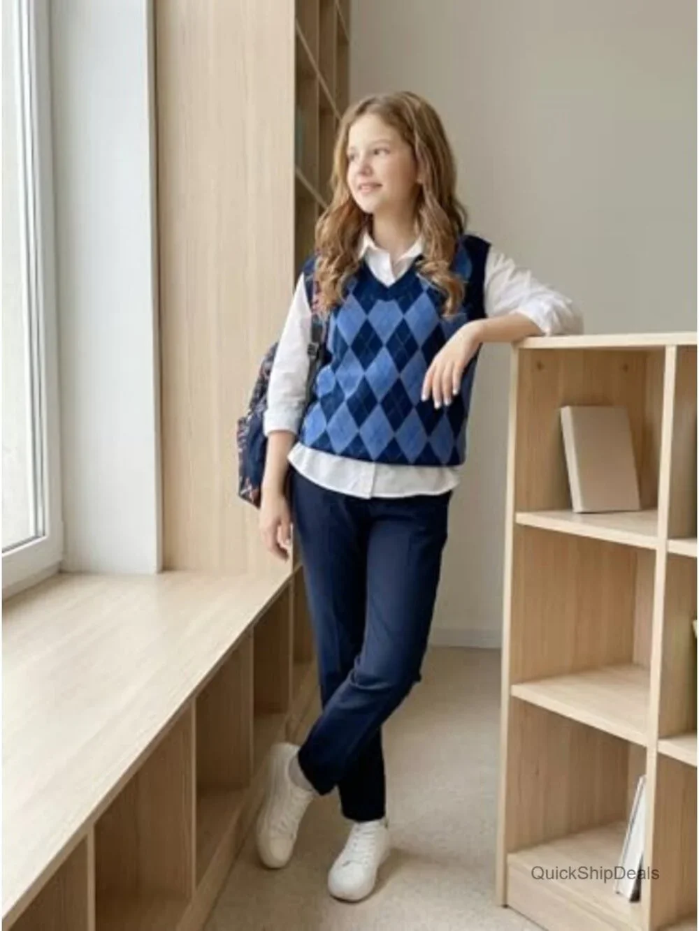 Girls Boys V Neck Argyle Knit Sweater Vest School Uniform Sleeveless Pullover